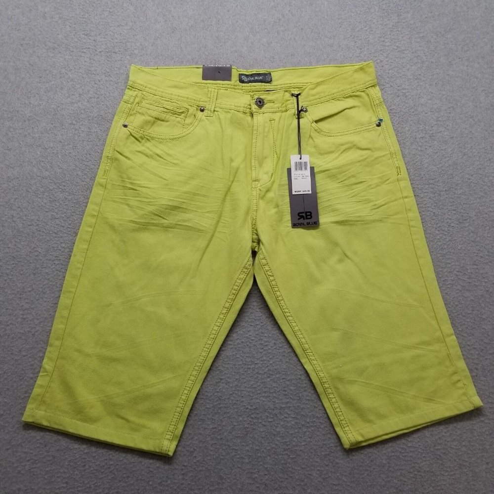 Royal Blue Shorts Mens 38 Neon Yellow Chino Pockets Casual Cotton Outdoor‎